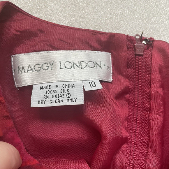 Vintage 90s Maggie London Silk Dress Women 10 Red Orange Floral Bloomcore Sheath - Picture 5 of 10